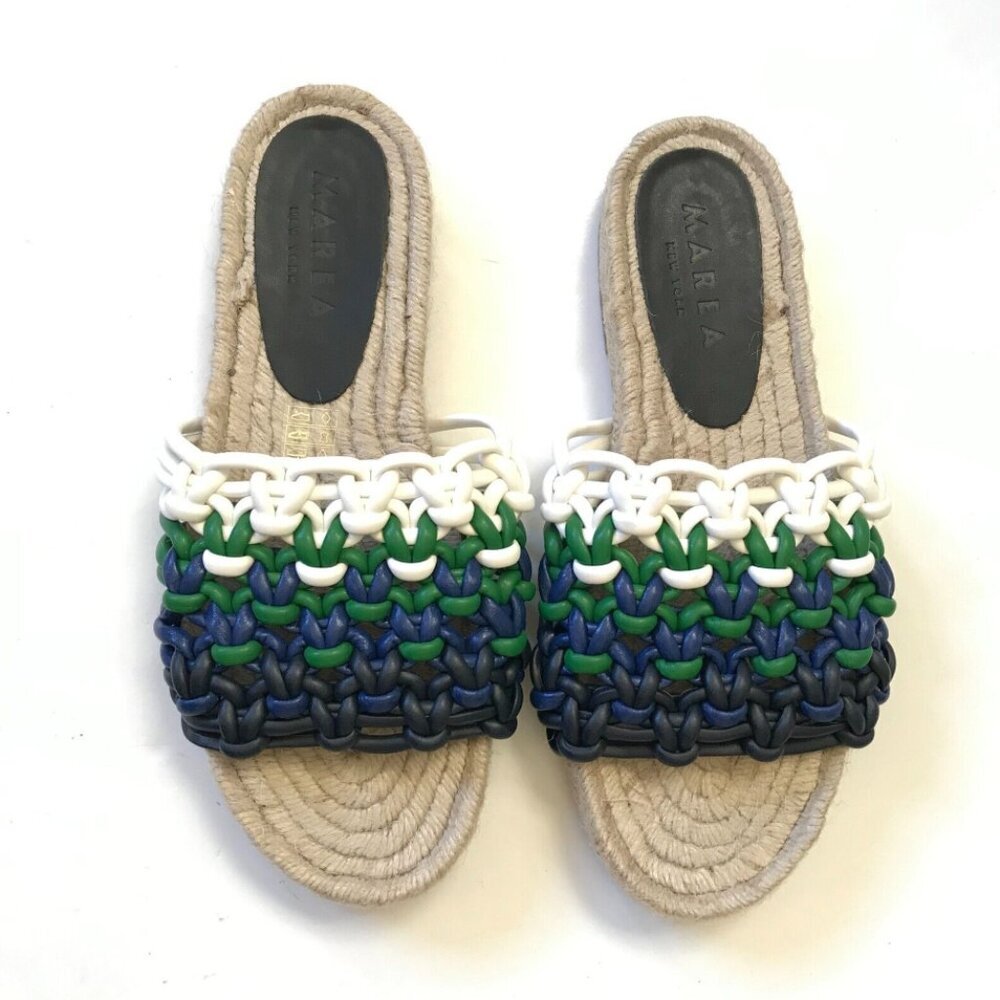 Marea Anthropologie Blue, Green & White Woven Slide Sandals